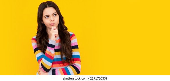 Thoughtful Teenager Girl Touch Chin And Thinking, Pensive Child Making Idea. Child Face, Horizontal Poster, Teenager Girl Isolated Portrait, Banner With Copy Space.