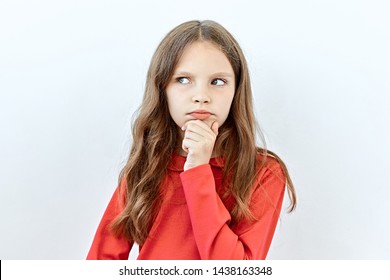  Thoughtful, Thinking Emotion Concept. Beautiful Child Girl Face Portrait On White Backgound.