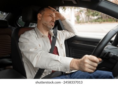 Thoughtful tired man driving car, stuck in traffic, pensive male driver with fasten seat belt looking at road, leaning on his hand - Powered by Shutterstock