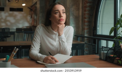 Thoughtful upset sad Caucasian girl lady businesswoman student think deep thought difficult problem thinking solution trouble unhappy worried pensive female business woman studying working in office - Powered by Shutterstock