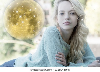 Thoughtful Woman And Big Full Moon