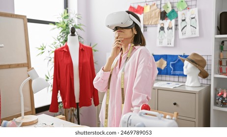 A thoughtful woman in a vr headset stands in a sewing workshop with fashion sketches and a mannequin in the background. - Powered by Shutterstock