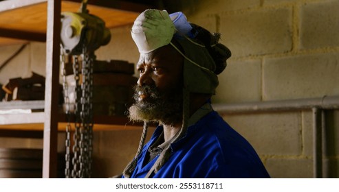 Thoughtful worker standing in foundry workshop. Worker looking away 4k - Powered by Shutterstock