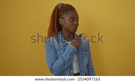 Similar – Image, Stock Photo Thoughtful young bold African American female model in trendy outfit and sunglasses looking away on pink background