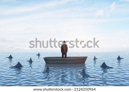Thoughtful young businessperson on boat standing and looking at surrounding sharks. Mock up place on bright sky with clouds background. Boss and risk concept