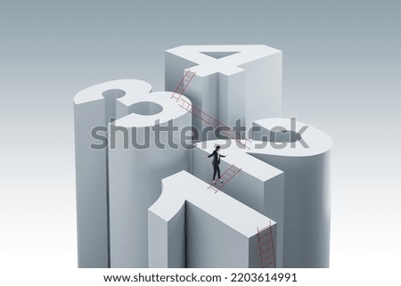 Thoughtful young businesswoman balancing on abstract white digit stairs. Progression, development, success and business plan concept