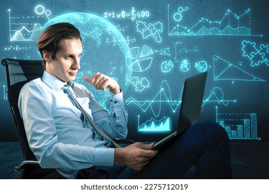 Thoughtful young european businessman with laptop and glowing mathematical formulas and globe hologram on blurry blue background. Equation, digital data and mathematics app concept - Powered by Shutterstock - Get 15% off with code: PIKWIZARD15