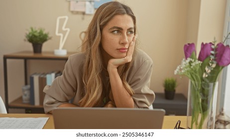 Thoughtful young woman with blonde hair working on laptop at home, surrounded by flowers and decor. - Powered by Shutterstock