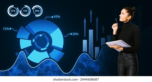 Thoughtful young woman with notepad and creative digital business pie chart on dark background. Glowing stock market analysis and big business data analysis