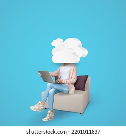 Thoughts concept body of model with head full of smoke clouds using laptop no emotions mechanic mental intelligence - Shutterstock ID 2201011837