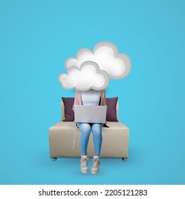 Thoughts concept body of model with head full of smoke clouds using laptop no emotions mechanic mental intelligence - Shutterstock ID 2205121283