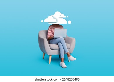 Thoughts concept Male female body of model with head full of smoke clouds using laptop no emotions mechanic mental intelligence