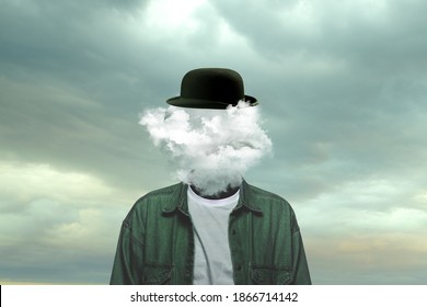 Thoughts. Male Body Of Model With Head Full Of Smoke About Sky And Clouds. Trendy Colours And Gradient Grey-white Background. Contemporary Art Collage. Inspiration, Mood, Creativity, Brain Concept.