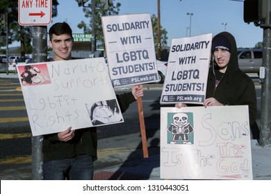 THOUSAND OAKS, CALIFORNIA - FEBRUARY 11, 2019:  (L) Alexander Avalos, 20 and Nicolas Storey, 20 both from Thousand Oaks came to join the protest in support of the high school and the community. 