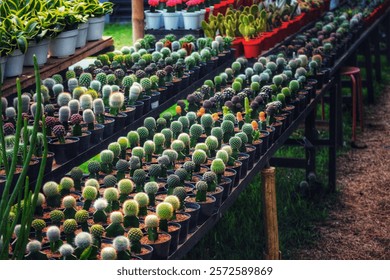 Thousands of tiny cacti fill black pots, creating a captivating, vibrant scene.  The natural light enhances their diverse textures and colors, evoking a peaceful atmosphere.