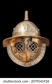 Thraex or thracian-class gladiator helmet. Isolated over black