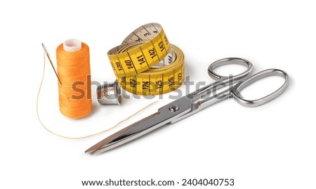 thread sewing, needle, centimeter, scissors, on a white background