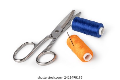 thread sewing, needle, scissors, on a white background