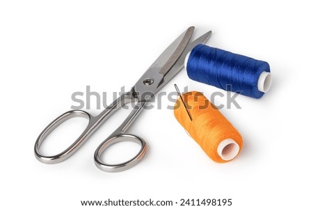 thread sewing, needle, scissors, on a white background