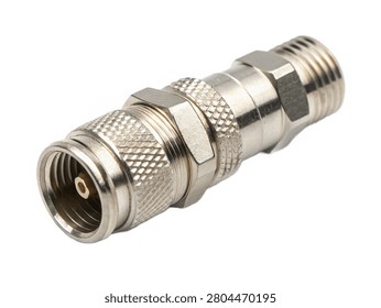 A threaded metallic inline tube connector isolated on white transparent background.