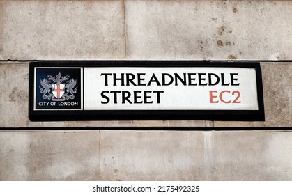 Threadneedle Street Sign On A Wall In London EC2.