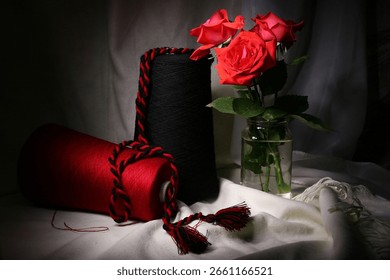 Threads. Two spools of red and black woolen threads on a light soft fabric background, decorated with a bouquet of red roses