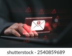 Threat, phishing, malicious, danger, hack, warning, mail, thief, scam, alert, safety, letter, technology, online, Cyber crime security concept, Alert Email inbox and spam virus with warning caution.