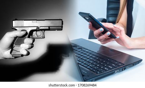 Threats By Phone. Man With A Phone Next To A Weapon. Concept - Threatening Calls. Telephone Terrorism. Concept - A Man Is Looking For A Killer. Received Calls With Threats. Pistol. Call To The Killer