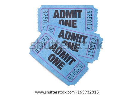 Three Admit One Entry Tickets, Isolated on White Background. Top View