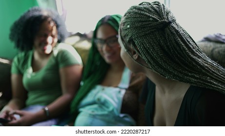 Three African American Young Women Hanging Out Together. Girl With Box Braids Hairstyle Talking With Friends