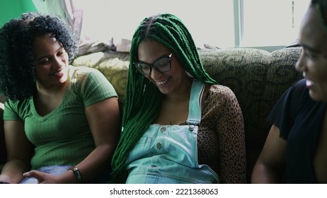 Three African American Young Women Hanging Out Together. Girl With Box Braids Hairstyle Talking With Friends