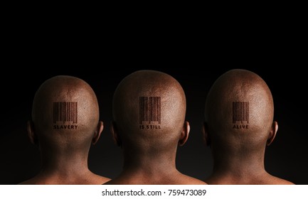 Three African slaves with retail barcode tattoos on black background.