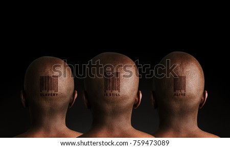 Three African slaves with retail barcode tattoos on black background.