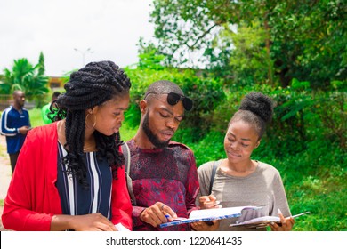 three african students studying together outdoors while walking  - Shutterstock ID 1220641435