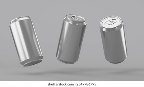 Three aluminum cans isolated on a grey background