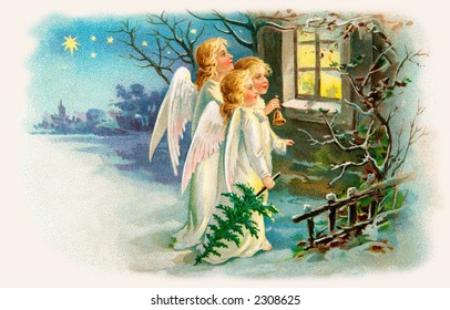 Three angels singing outside a cottage window on Christmas eve - an early 1900's vintage illustration