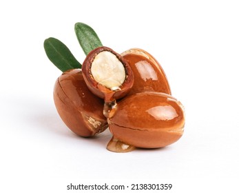  Three argan nuts with green leaves on an isolated white background. Chopped argan nut with a drop of oil. Whole and half Moroccan Argania Spinosa seeds for the production of oil