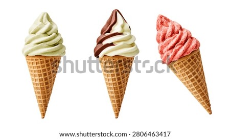 Three assorted soft serve ice cream cones with matcha chocolate and strawberry