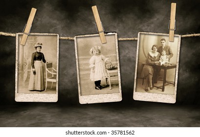 Three Authentic Vintage Family Photographs Hanging On A Rope By Clothespins