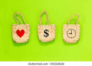 Three Bags With Heart, Dollar Sign, And Clock Icon On Green Background, Lifestyle Planning And Management For Love, Money, And Time Concept