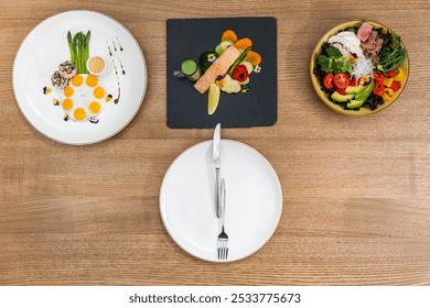 three balanced and nutritious meals breakfast, lunch, and dinner plate and utensils arranged like a clock, symbolizing meal times themes of healthy eating, wellness, and time management in nutrition
