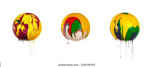 Three Balls Covered With Paint. Multi-colored Paint Flows Down From A Ball Isolated On A White Background