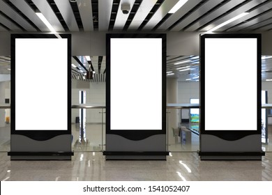 Three Bank billboards indoors of metro or airport hall, advertising mock up, public information board. Blur Background. 