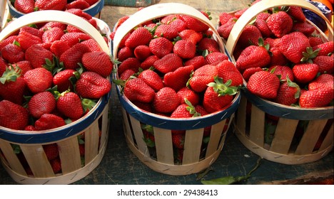 Three Baskets With Fresh Strawberries, Market, Provence, France