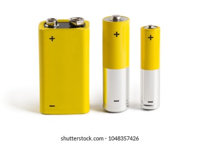 Three batteries (AAA, AA and PP3), isolated on white background