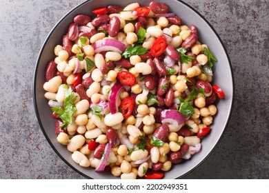 Three Bean American Picnic Salad Has Cannellini Beans, Kidney Beans, Garbanzo Beans, Red Onion, Parsley And A Sweet And Sour Dressing Closeup In The Plate On The Table. Horizontal Top View From Above
