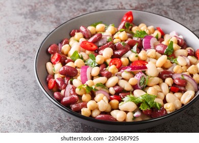 Three Bean American Picnic Salad Has Cannellini Beans, Kidney Beans, Garbanzo Beans, Red Onion, Parsley And A Sweet And Sour Dressing Closeup In The Plate On The Table. Horizontal
