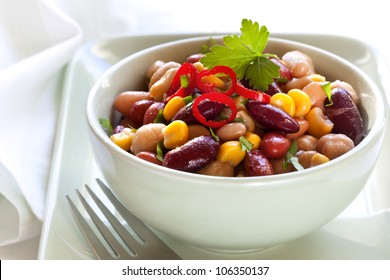 Three Bean And Corn Salad With Chili.  Delicious Vegetarian Eating.