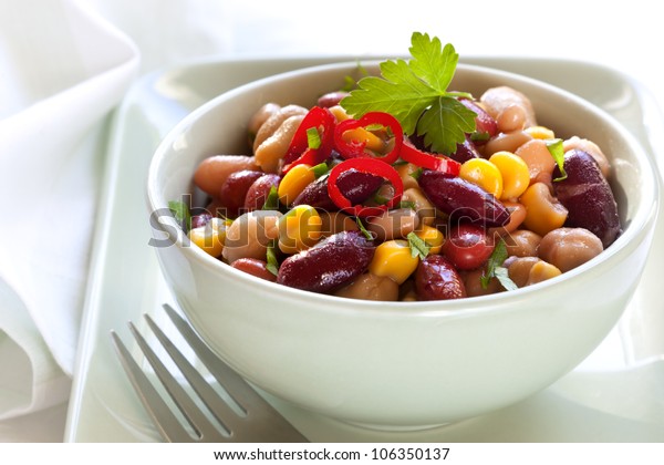 Three bean and corn salad with chili.  Delicious\
vegetarian eating.