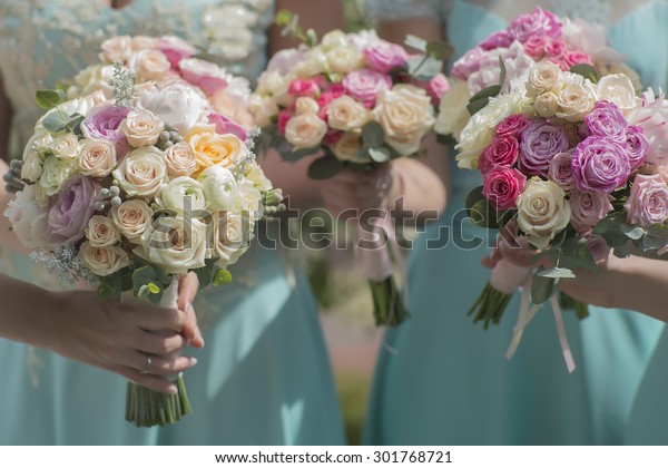 Three Beautiful Fresh Wedding Bouquets Colorful Stock Photo Edit